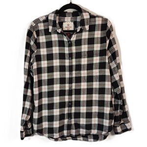 SO Cotton Perfectly Soft Flannel Large Women's Jrs White Black Plaid Button Up